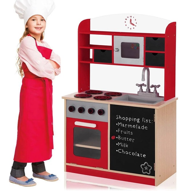 Cucina Legno Giocattolo Per Bambini Con Anta E Cassetti Lavagna 60x30x90cm Rosso