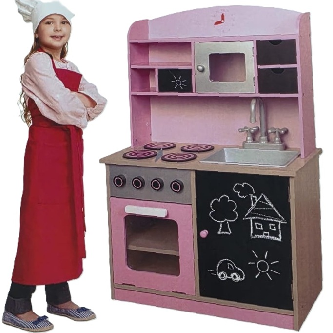 Cucina Legno Giocattolo Per Bambini Con Anta E Cassetti Lavagna 60x30x90cm Rosa