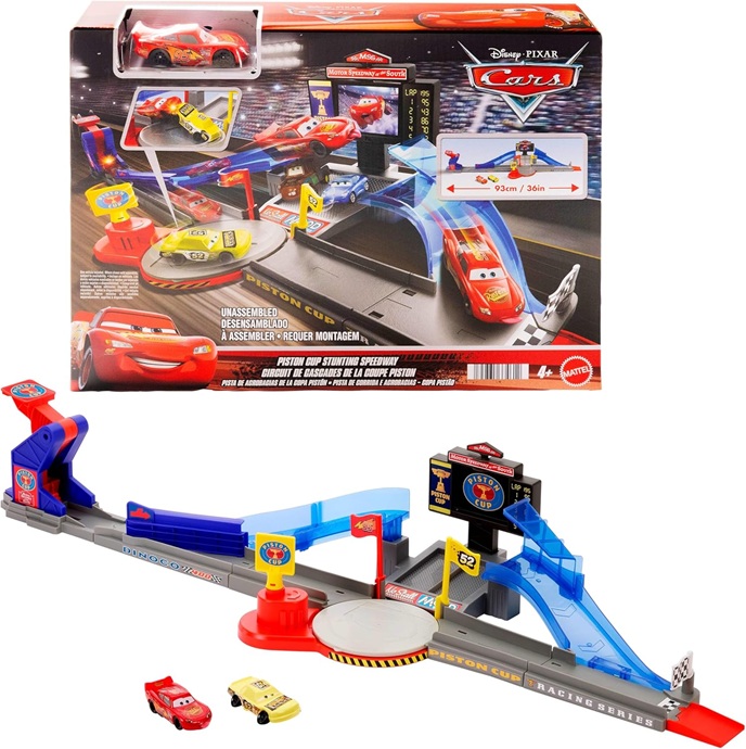 Mattel Playset Disney Pixar Cars Mega Rampa Piston Cup Include set pista, veicolo Saetta McQueen con lingua di fuori e auto schiacciata, JHL42