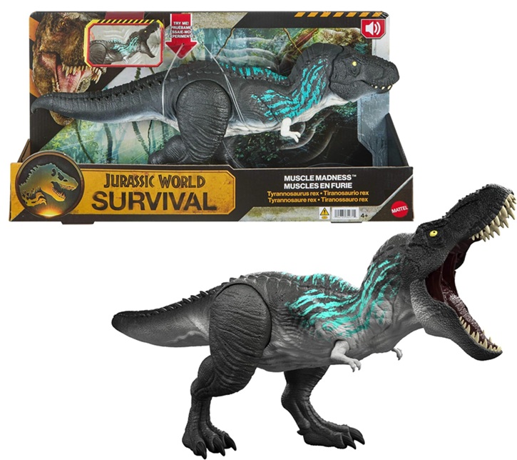 Mattel Jurassic World Muscle Madness Tirannosauro Rex con muscoli espandibili e spine estendibili lungo la coda, morde e ruggisce, JKG92