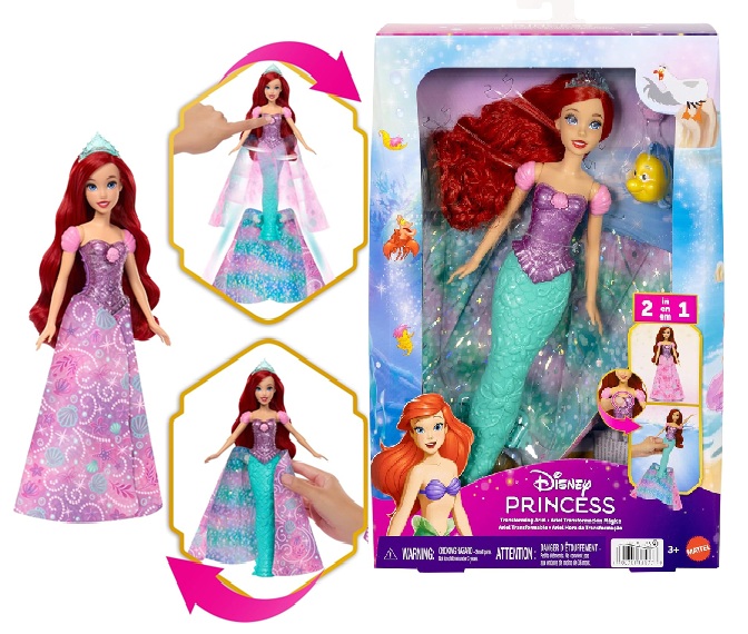 Mattel Disney Princess Bambola Ariel Magica Sirena snodabile ispirata al film Disney con tiara, capelli lunghi JLK19