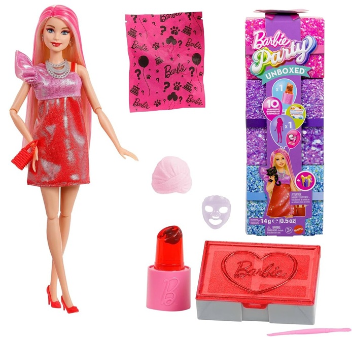 Barbie Party Unboxed Bambola e Accessori, Glam Party Series con 10 sorprese, incluso cambio di colore e bambola scintillante rossa