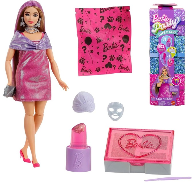 Barbie Party Unboxed Bambola e Accessori, Glam Party Series 10 sorprese tra cui cambio colore, bambola rosa scintillante, dai 3 anni, 08975