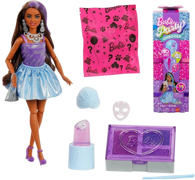 Barbie Party Unboxed Bambola e Accessori, Serie Glam Party 10 sorprese, tra cui bambola con cambio di colore e brillantini viola, dai 3 anni, JFY66