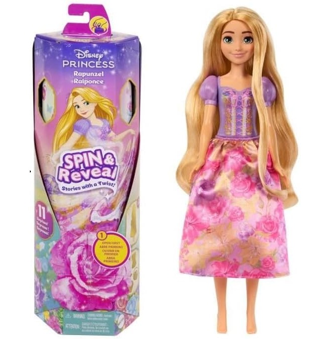 Mattel Disney Princess – Rapunzel Spin & Reveal, set con bambola e 11 sorprese da scoprire, 5 accessori e 5 adesivi inclusi, look ispirato al film Disney, giocattolo per bambini, 3+ anni, HTV86