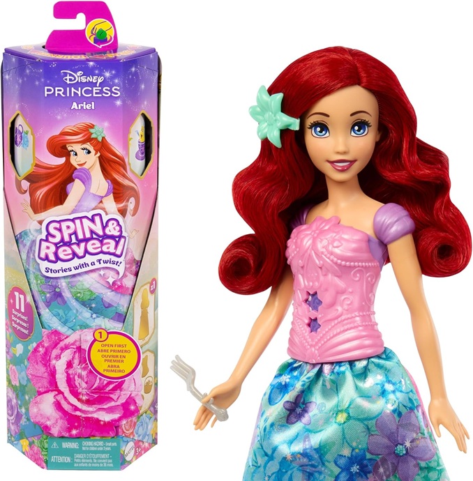 Mattel Disney Princess – Ariel Spin & Reveal, set con bambola e 11 sorprese da scoprire, 5 accessori e 5 adesivi inclusi, look ispirato al film Disney, giocattolo per bambini, 3+ anni, HTV88