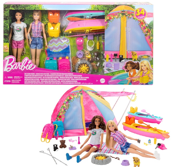 Set da campeggio di Barbie con 2 bambole 2 sacchi a pelo, kayak e oltre 15 accessori da campeggio